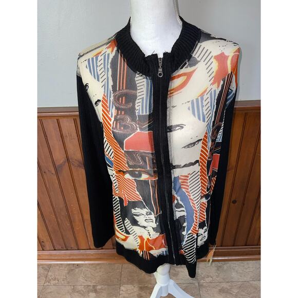 NWT Womens Alain Weiz Sheer Abstract‎ Zip Up Sweater Sleeve Blouse Size 16 - Picture 1 of 10